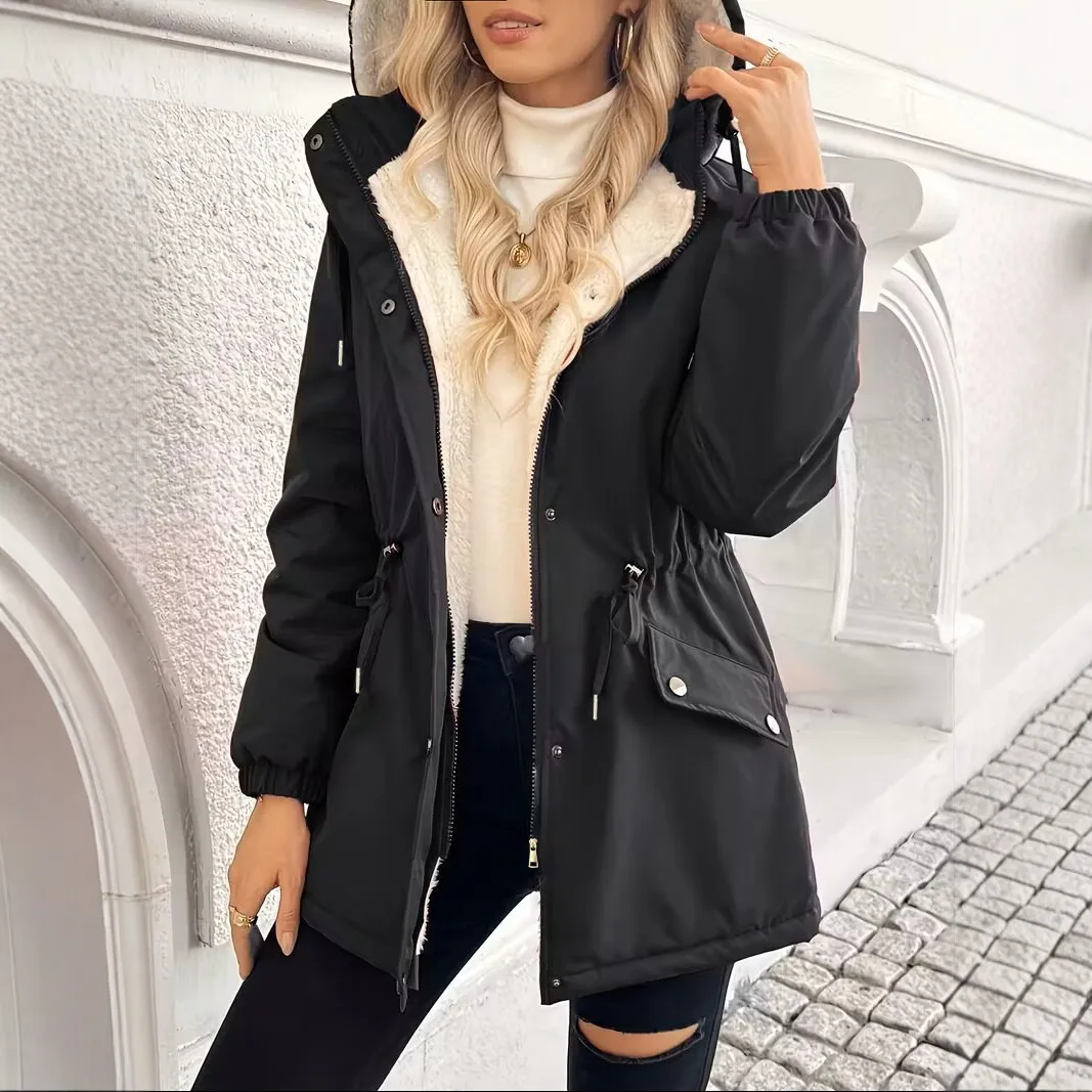 2026 Autumn/winter New Style Hooded. Thickened Lamb Wool. Cotton Coat For Women, Mid-length, Warm, And Waist-cinching Outerwear
