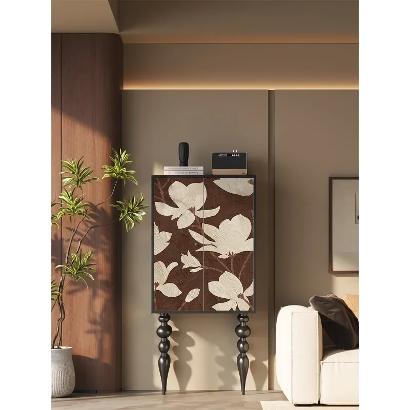Medieval wabi sandy wind high-footed cabinet solid wood living room sofa side cabinet light luxury high-end feeling against