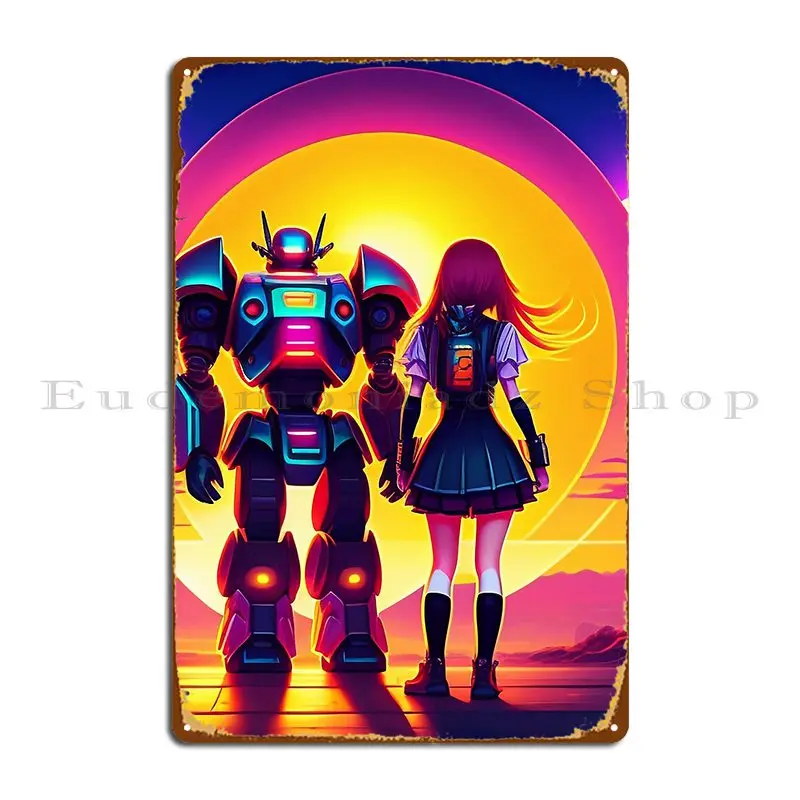 Girl With Transformer Cyberpunk Retro Synth Wave Ai Art Metal Plaque Poster Kitchen Vintage Rusty Club Create Tin Sign Poster