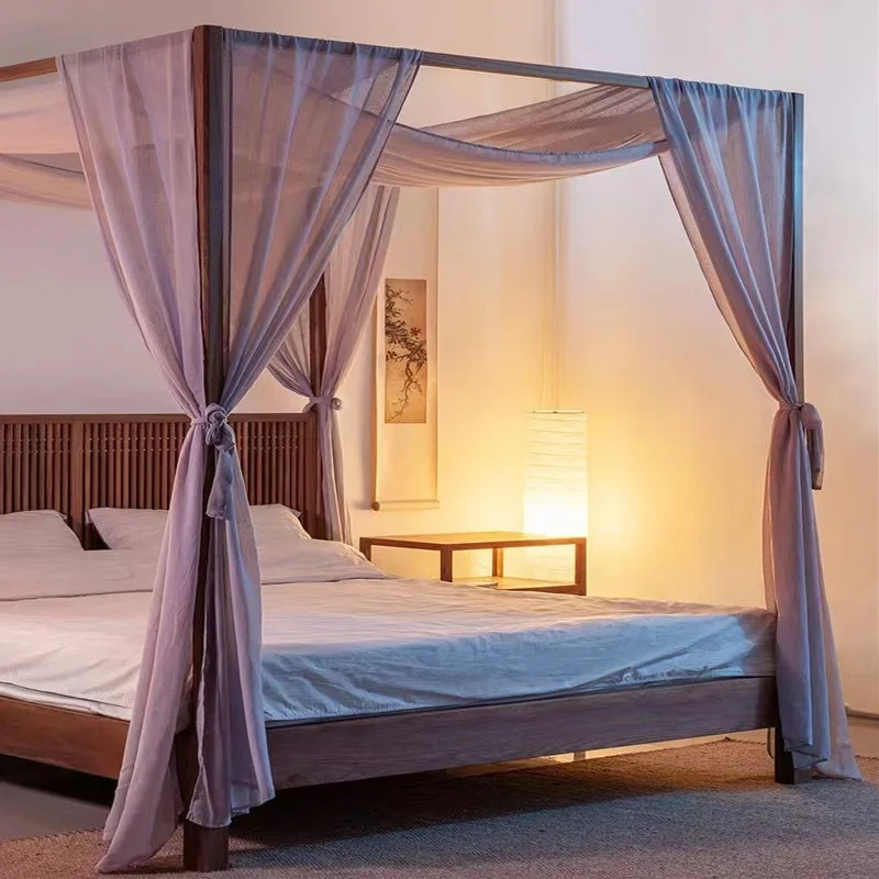 سرير مزدوج جديد من الخشب الصلب بالكامل على الطراز الصيني، وغرفة نوم رئيسية، وسرير رف بسيط وحديث