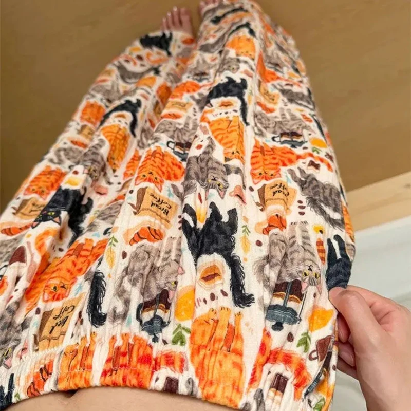 Women Cat Print Pants Elastic Waist Wide Leg Trousers All Over Graphic Cartoon Lounge Pants Casual Y2K Kawaii Streetwear Bottoms