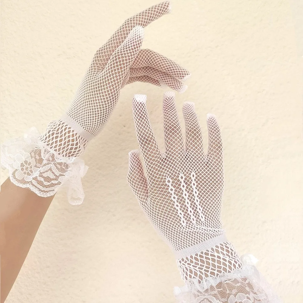 Soft Ruffle Lace Mittens Hollow Out Full Finger Fishnet Mesh Gloves Mesh Thin Driving Gloves
