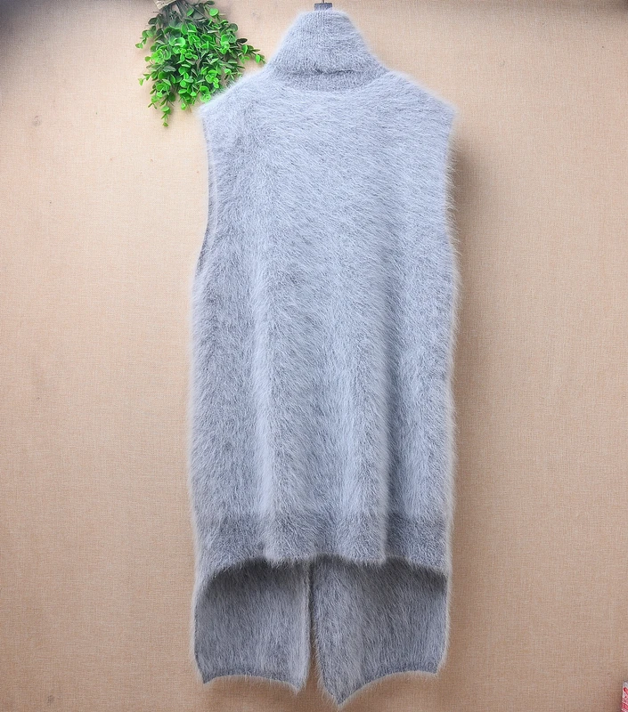 04 Ladies Women Fall Winter Clothing Grey Mink Cashmere Knitted Split Turtleneck Slim Blouses Pullover Long Sweater Dress Vest