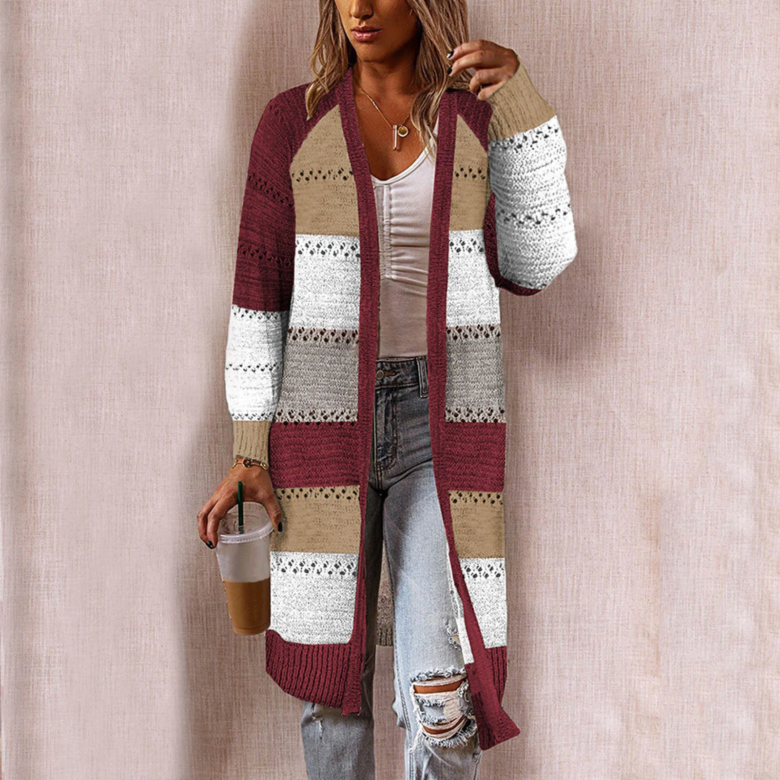 Women Knit Hollow Out Cardigan Comfy Stylish Stitching Long Sleeve Sweater Casual Long Cardigan Splicing color Lattice Long Coat