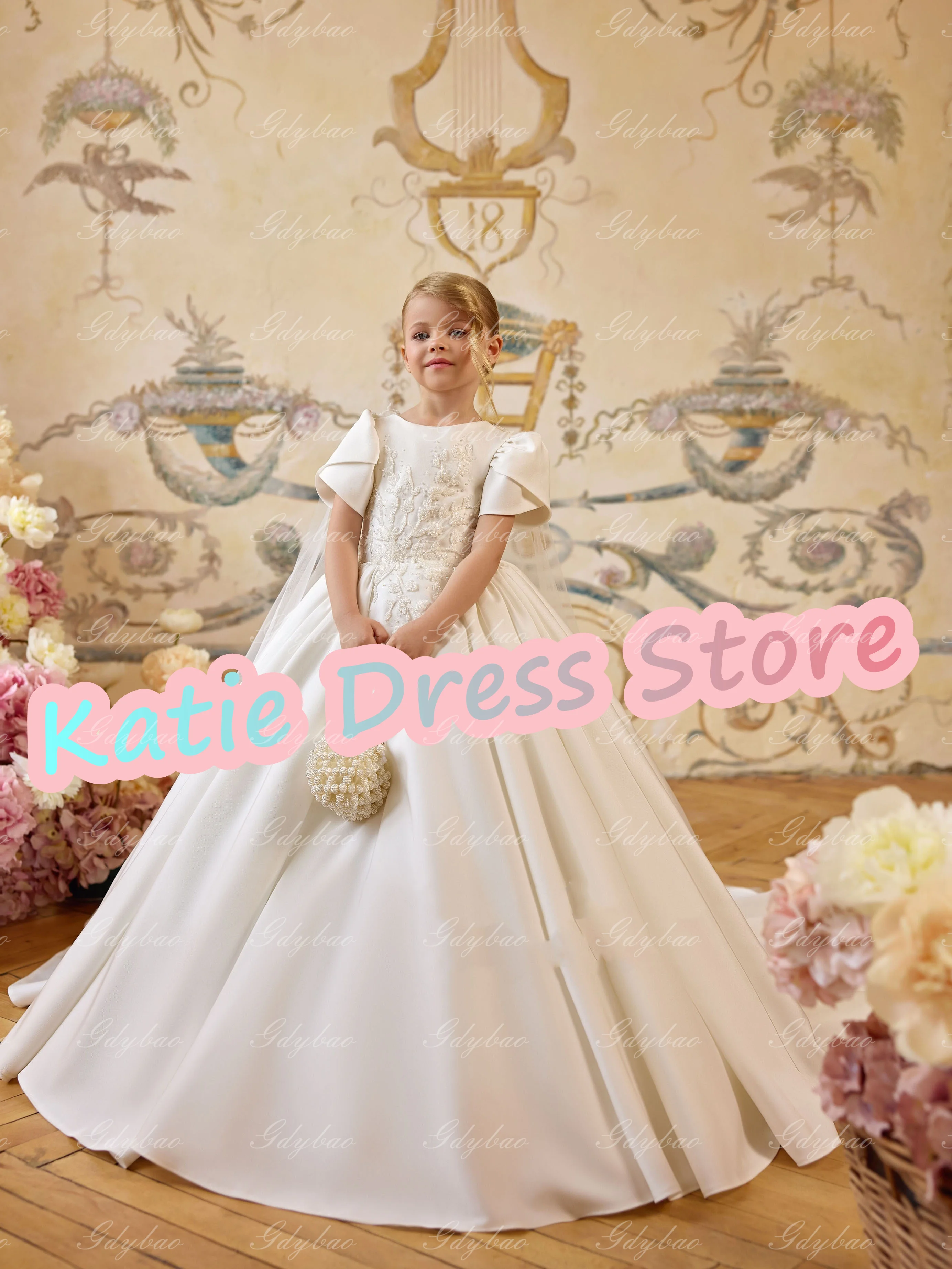 

Customized White Flower Girl Dress For Wedding Satin Applique With Cape Princess Kids Birthday Party First Communion Ball Gowns