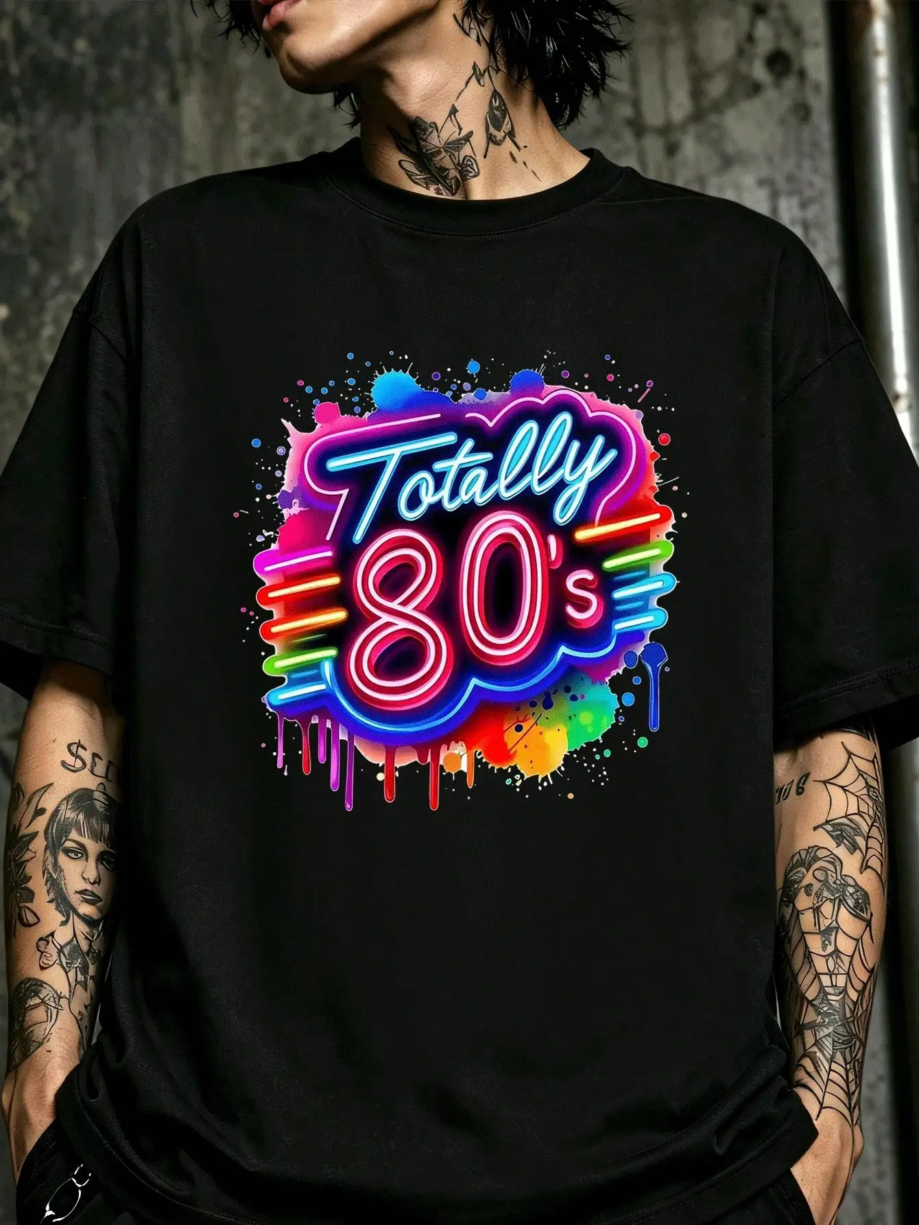 Men Totally 80s Neon Graphic Casual Loose Fit Basic Top, Comfortable Soft Short‑Sleeve T‑Shirt For Daily Street Wear, Vintage Style Black Breathable