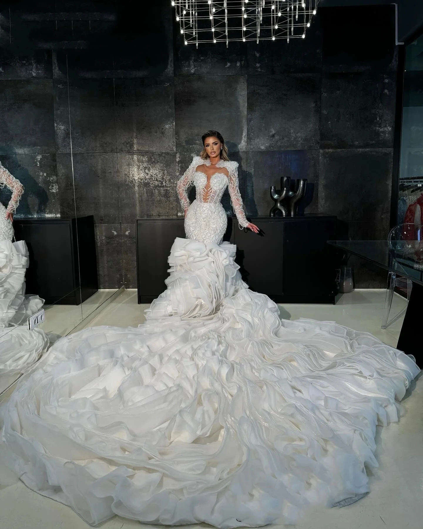 Customized Sheer Neck Sparkly Beads Pearls  Mermaid Wedding Dress Vestidos Noivas Long Sleeves Cascading Ruffles Bridal Gown