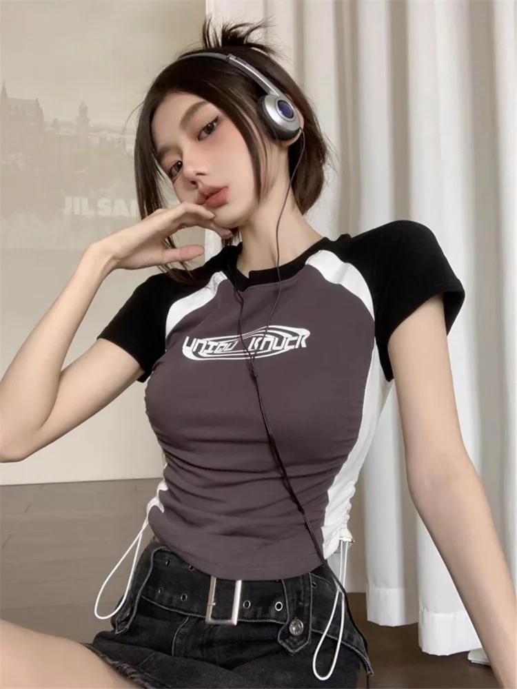 

Футболка с американским буквенным принтом Spor oulder Insert ort Sve, женская летняя футболка Spicy Girl Dstring для похудения, топ Sle Top