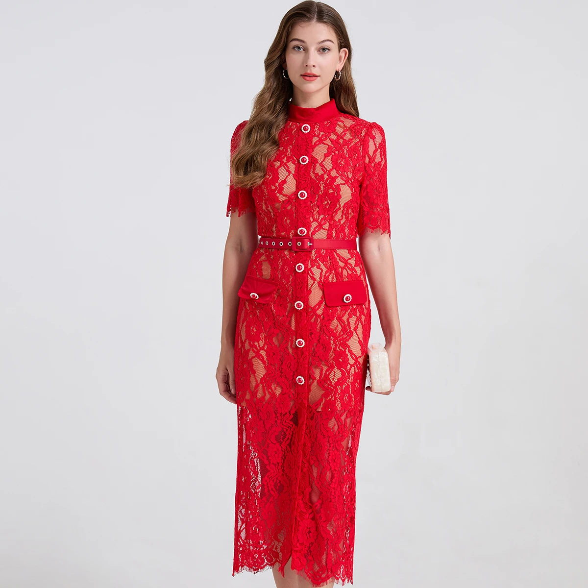 Wein 레이디 여성 드레스 하이 엔드 탄성 레이스 기질 패치 워크 짧은 소매 드레스와 높은 허리와 엉덩이 포옹 스커트