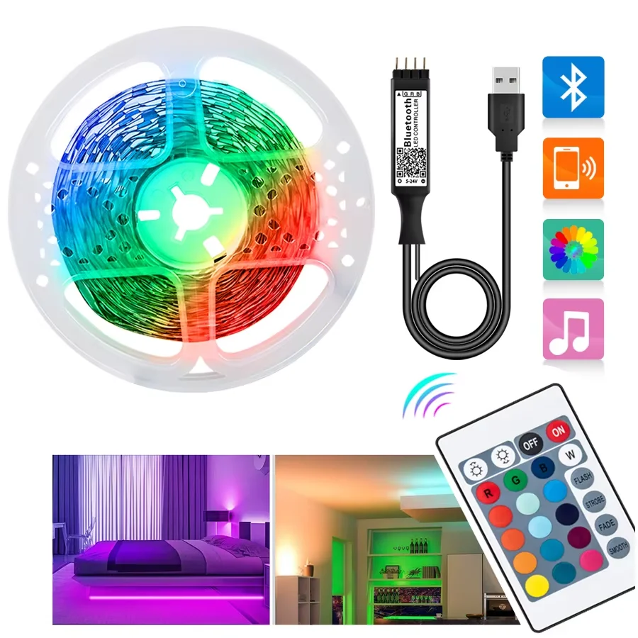 5050 RGB LED Strip Light USB 5V Smart Bluetooth Control IR Remote Flexible Led Tape 30/60 LEDs/M Colorful Ribbon Room Decor