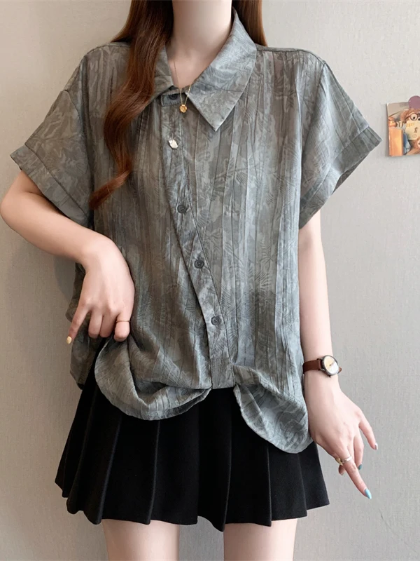 

plus Size Fashionable Short Sleeve Shirt Women's Turn-down Collar Loose Slimming Stylish Top Trendy Korean Style Commute Wind