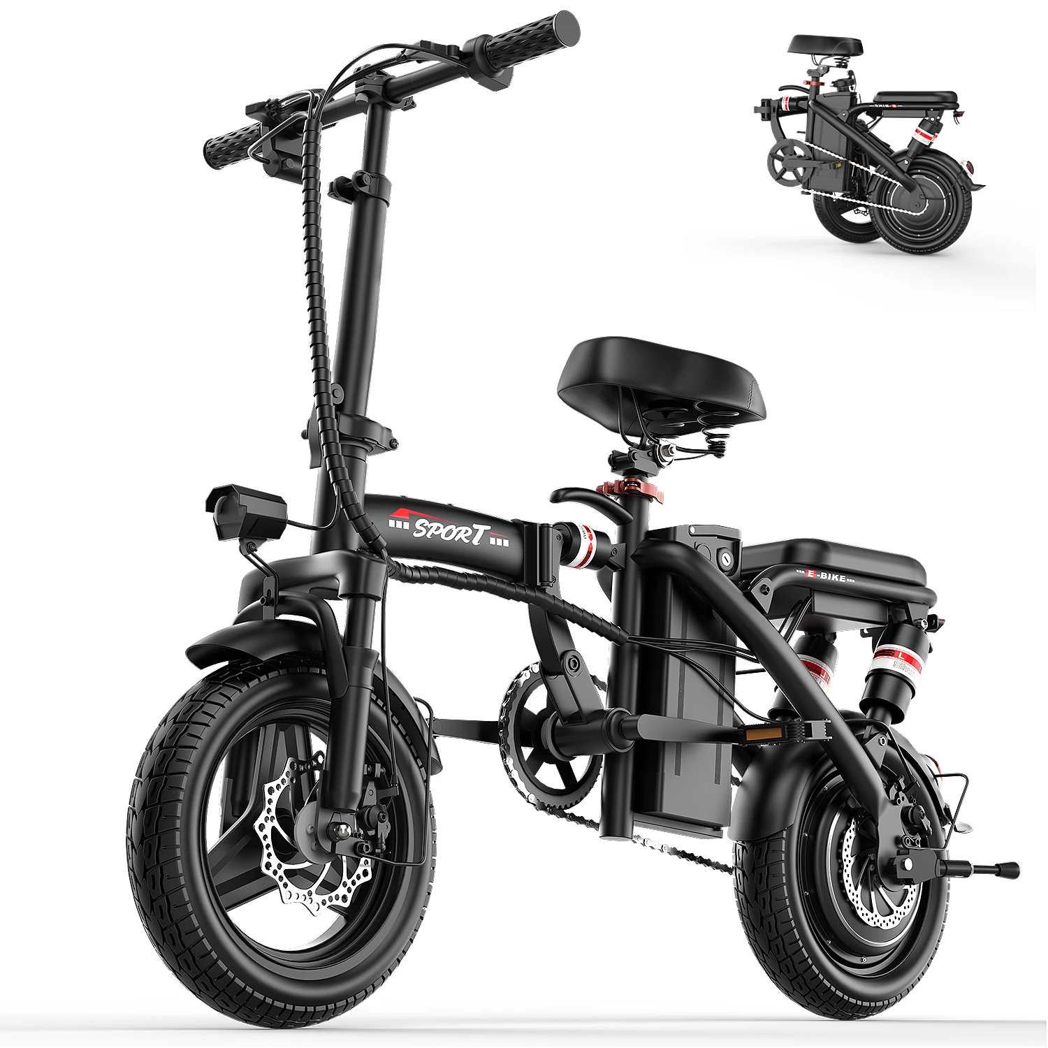 ASKGO 14" Folding Electric Bike for Adults Teens, 500W Peak Commuter Ebike, 20MPH Max Speed, 25 Miles Range, Dual Suspension Dual Brake, 3 Speed Modes Portable Mini E-bike