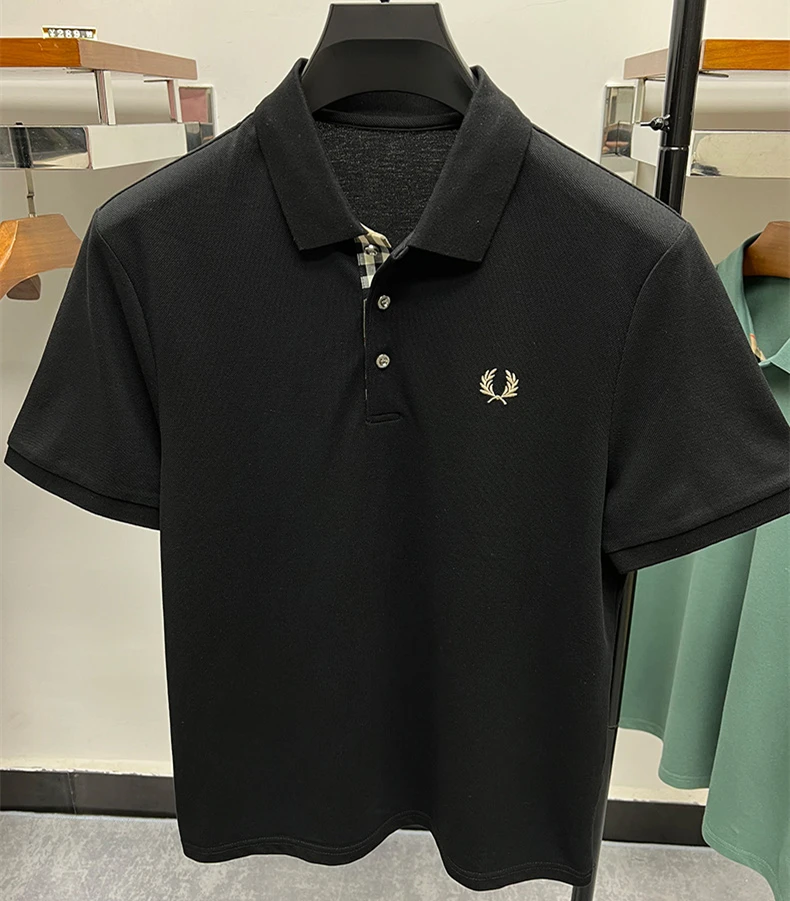 Polo casual bordado de manga curta masculino, marca de alta qualidade, roupa de luxo de verão, lapela 100% algodão, 2024