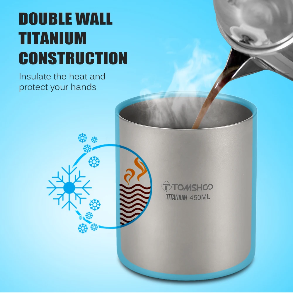 TOMSHOO 220/350/450/600ml Double Wall Titanium Water Cup Coffee Tea Mug for Home Office Outdoor Camping Hiking Backpacking