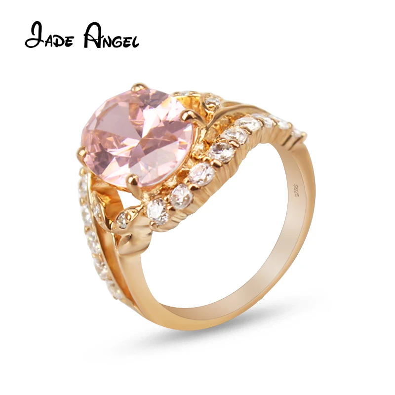 

JADE ANGEL Luxury Rose Gold-Plated 925 Sterling Silver Rings Inlay Oval Pink Zircon Stone With Small White Zircon Women Jewelry