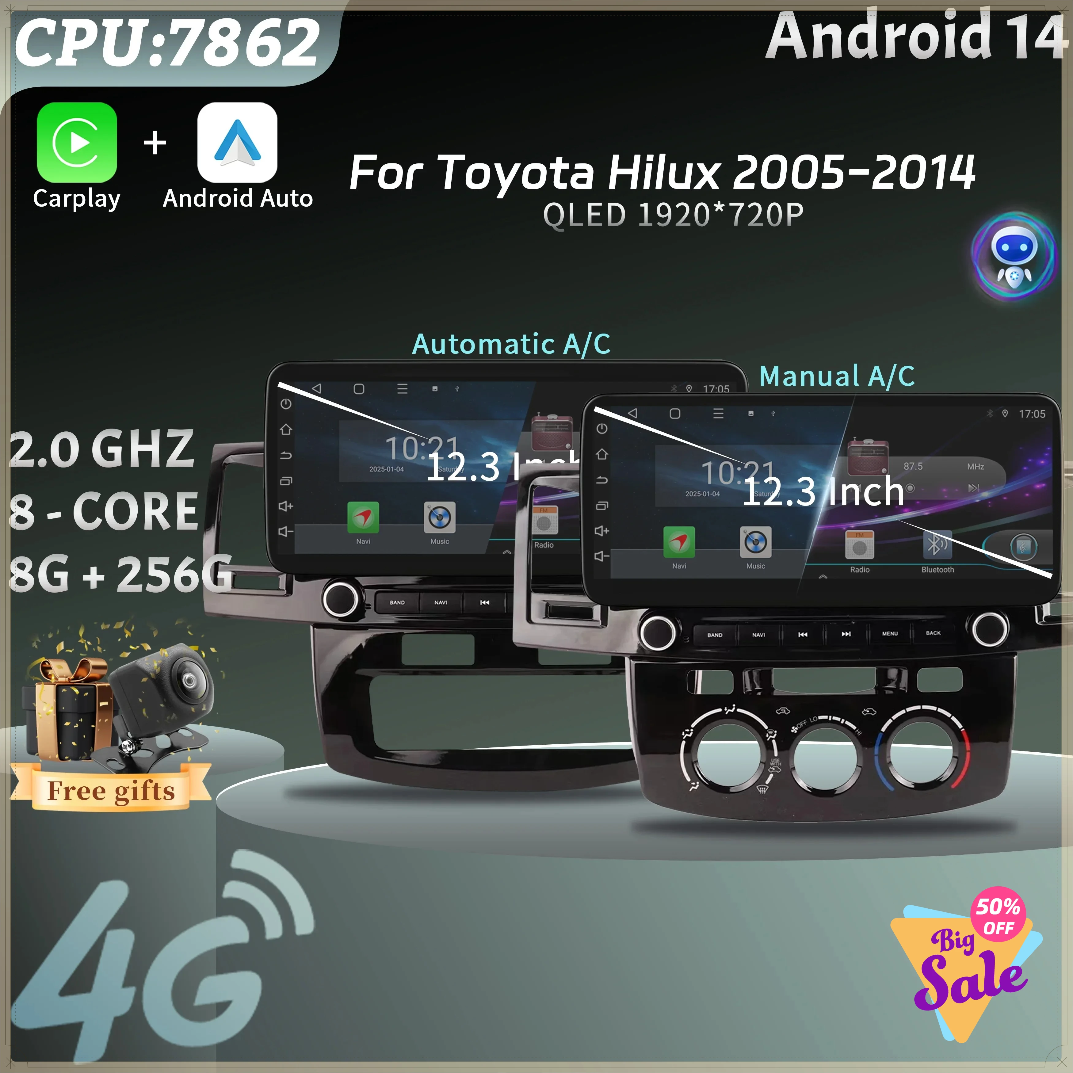 12.3″Car Radio Multimedia 4G GPSAndroid 14 Navigation Wireless Carplay Bluetooth Touch Screen For Toyota Hilux 2005-2014