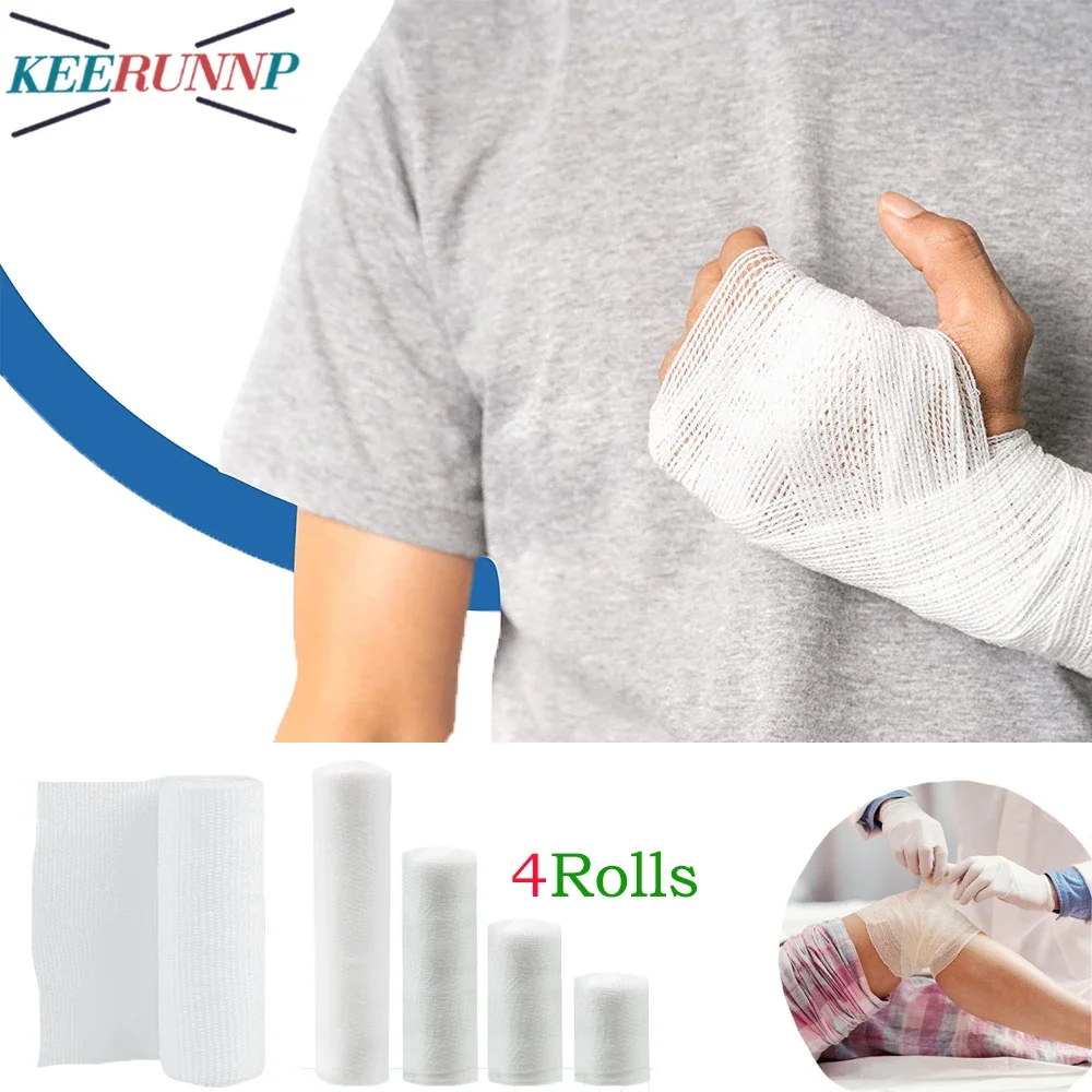 4Rolls Medical Gauze Bandage with Tape -Breathable White Gauze Wrap for Wound Dressing,First Aid Care Emergency Nursing Supplies