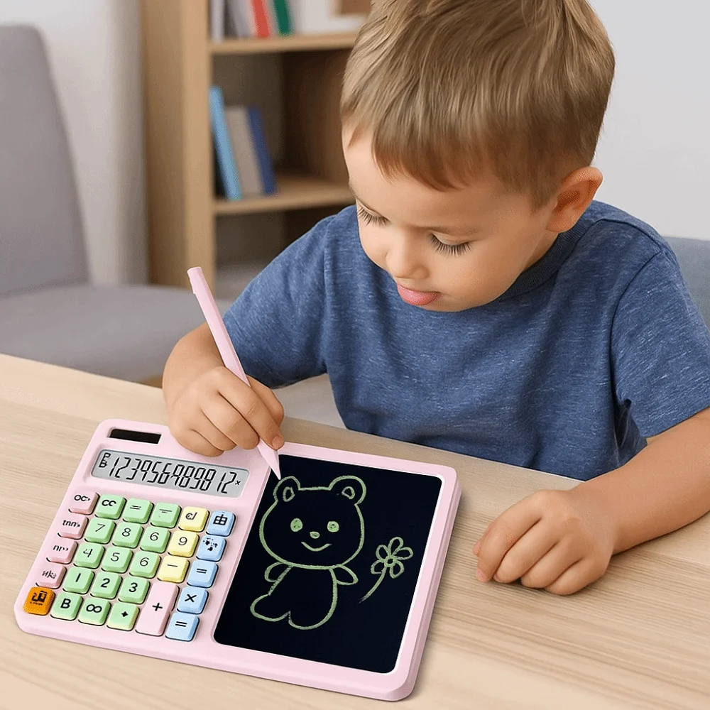 Taschenrechner mit großem LCD-Display und Schreibtafel, solarbetriebener, löschbarer 12-stelliger Solarrechner mit Stift und großer Taste