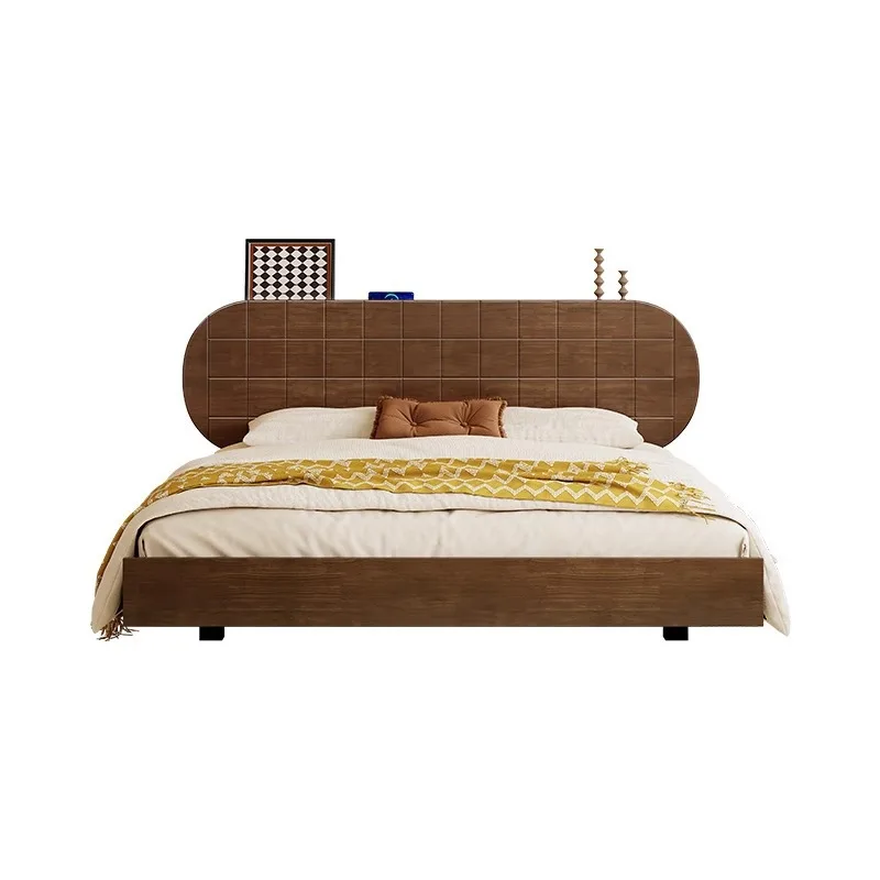 

Medieval style full solid wood bed modern simple walnut 1.8M double bed retro floating bed