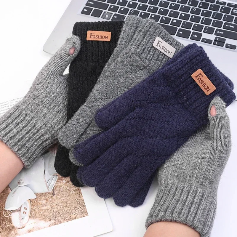 Men\'s Warm Full Finger Gloves Winter Touchscreen Plus Fleece Gloves Woman Thickening Wool Knitted Cycling Driving Gloves