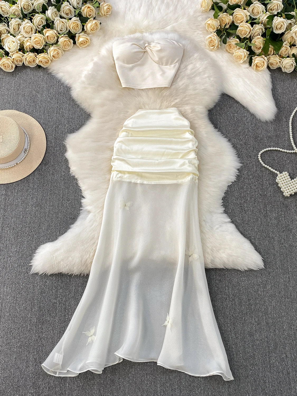 

Ele ort Knot Tie Chest Pad Tube Top Two Piece Set High Waist Slimming Fairy Me Tail Skirt Faionable Women's Set