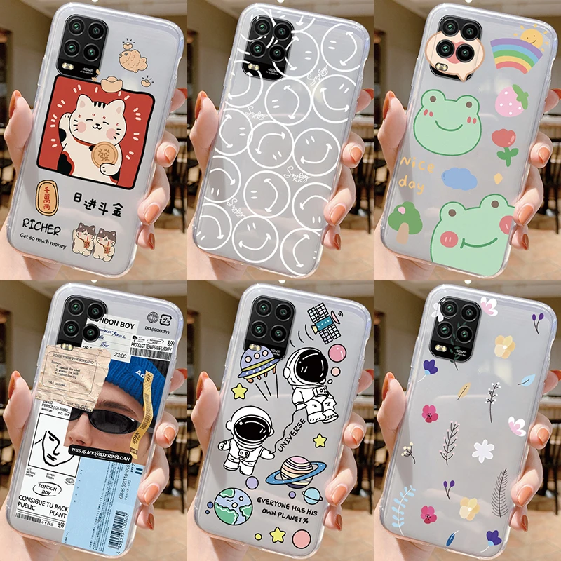 Phone Case For Xiaomi Mi 10 Lite 5G Silicone Flowers Cat Bumper Coque For Xiaomi 10Lite 5G Cover Protective Soft Transparent Bag