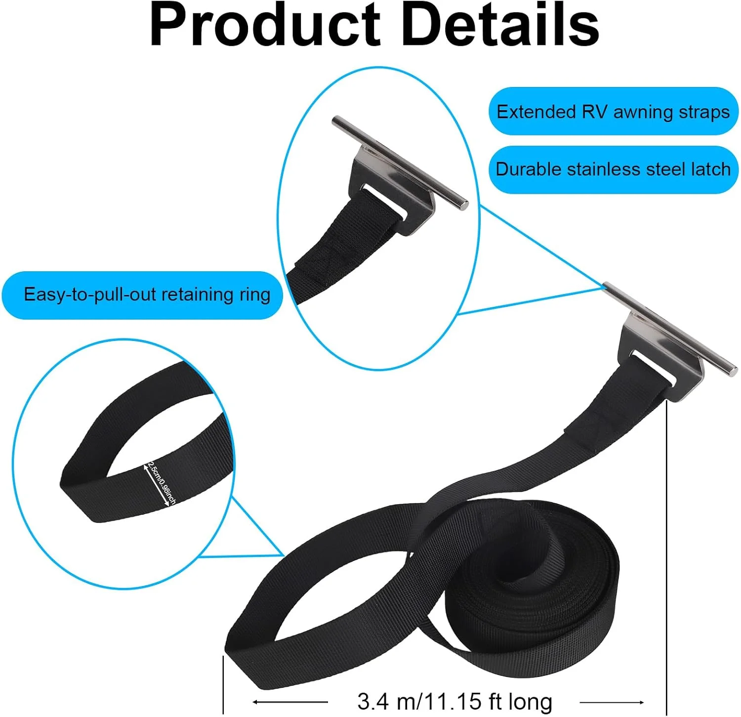 2Pcs Replacement Awning Pull Straps Heavy Duty Down Pull Belt With Stainless Steel Reinforced Rings For RV Camper Accessories