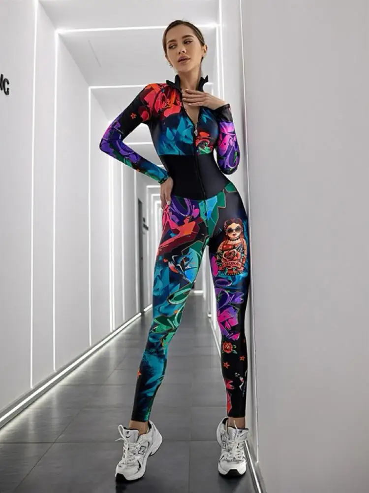 Oshoplive Women Fashion Colorful Printed Zipper Sports Jumpsuit 2024 New Long Sleeves Fitness Gym Yoga High Waist Jump Suits