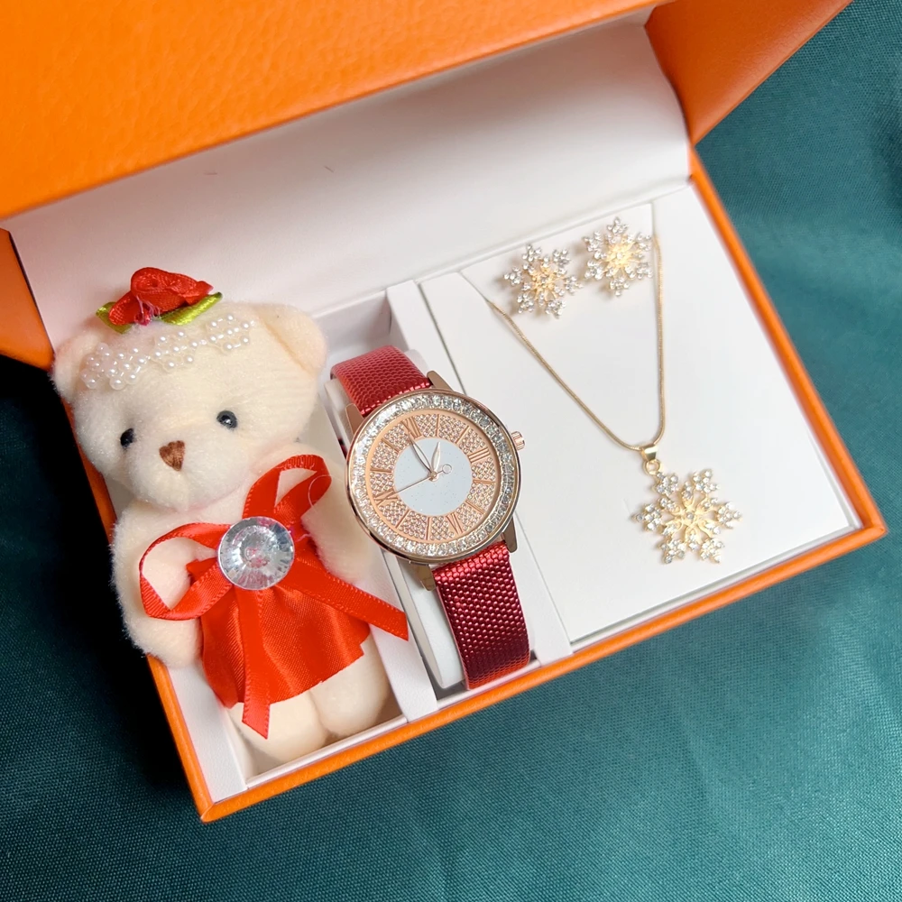 Women\'s Quartz Watch Fashion Women Watches Diamond Necklace Earring Bear Puppet Set Gift Box For Girl\'s Lady\'s Festival Presentn