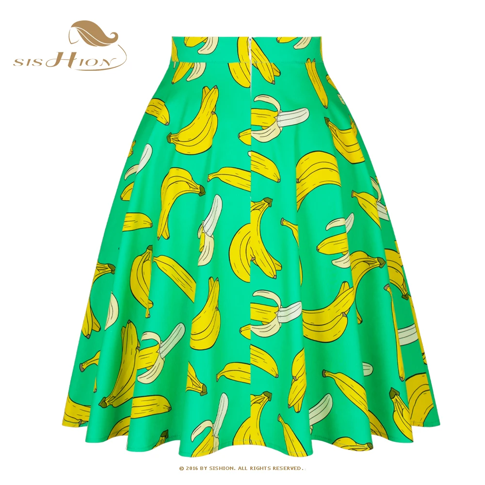 SISHION Fruits Bananas Printed Cute Women Skirts VD0020 Green High Waist A Line Swing 50s 60s Retro Vintage Rockabilly Skirt