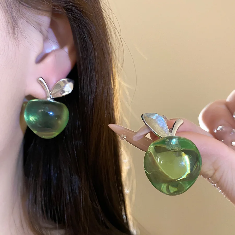 Transparent Glossy Green Apple Resin Stud Earrings Cute Silver Color Leaf Fruits Shape Ear Studs Women Fresh Picnic Jewelry K