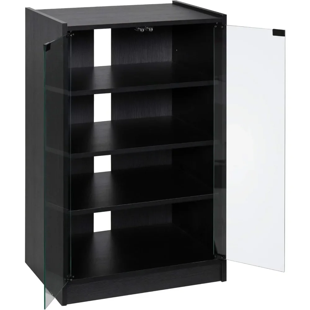 

Display Cabinet with Adjustable Shelves, Tempered Glass Doors, and Cable Management, Media Cabinets, 4-Tier Display Cabinet