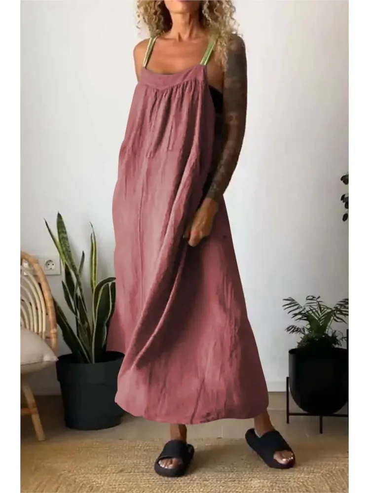 Vestido feminino solto sólido para suspensão de linho, vestido longo sem encosto, sem mangas, bolso boho maxi dress, primavera verão