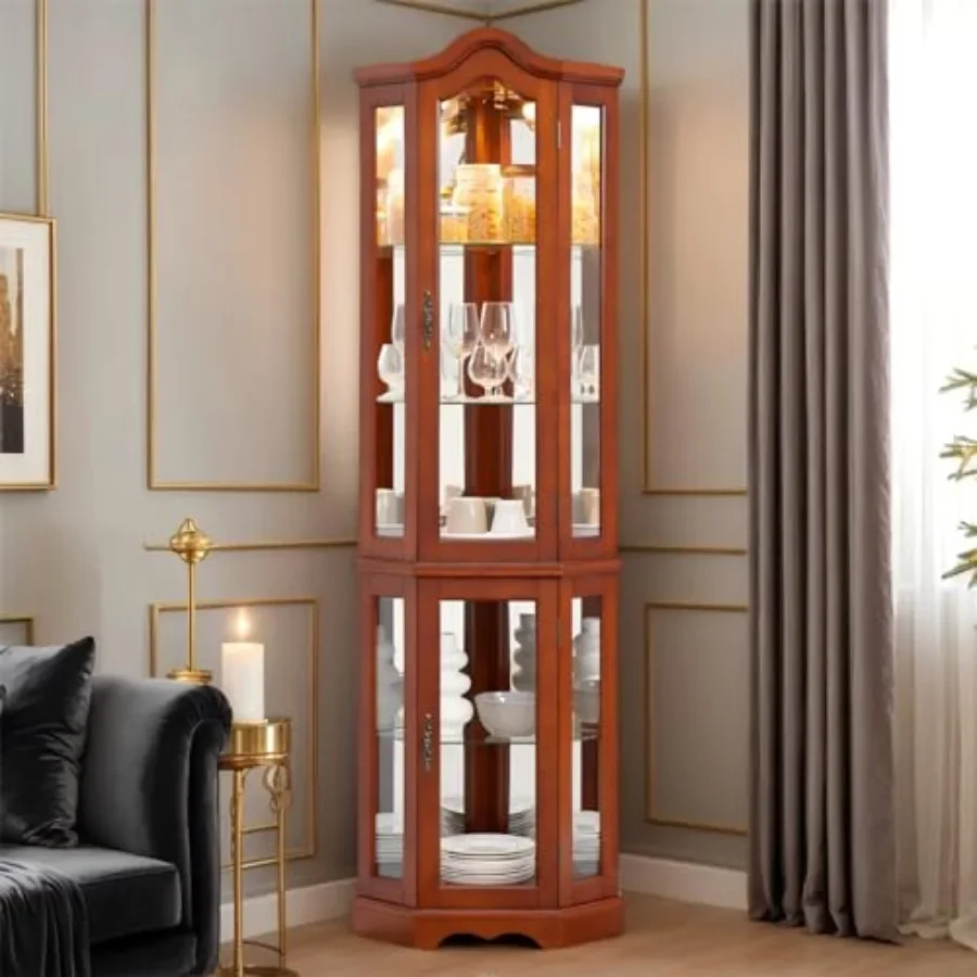 Corner curio cabinet for bar and liquor storage, lighted glass display case with 5 adjustable tempered glass shelves, 70.5 H, w