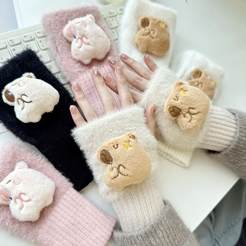 Cute Kapibala Capybara Plushie Doll Knitted Gloves Women's Winter Warm Wrist Gloves Girls Mittens Lolita Goth Fingerless Gloves image 5