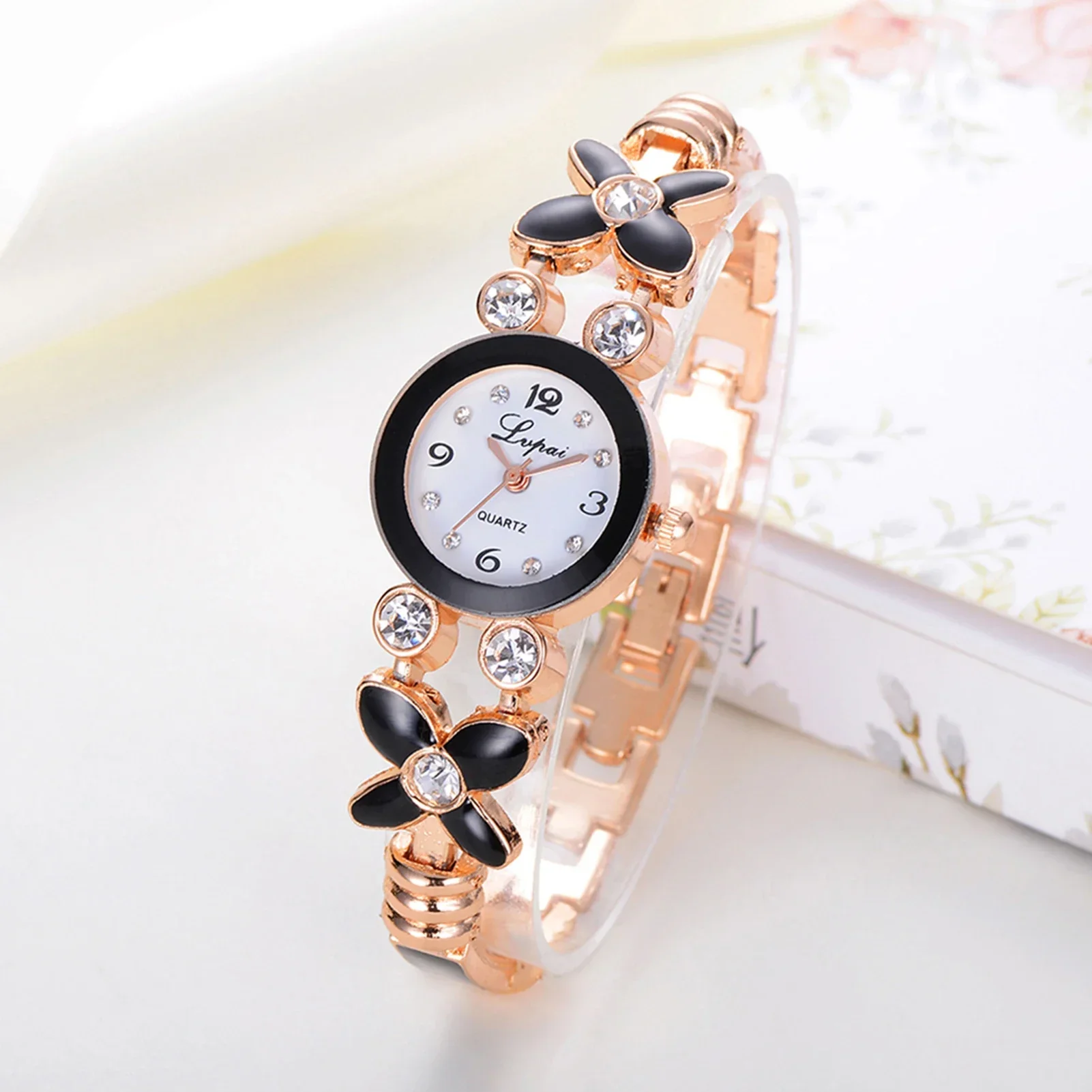 Quartz Watch Women Flower Rhinestone Analog Quartz Wristwatch Elegant Brilliant Decorative Rhinestone Digital Wristband Clock