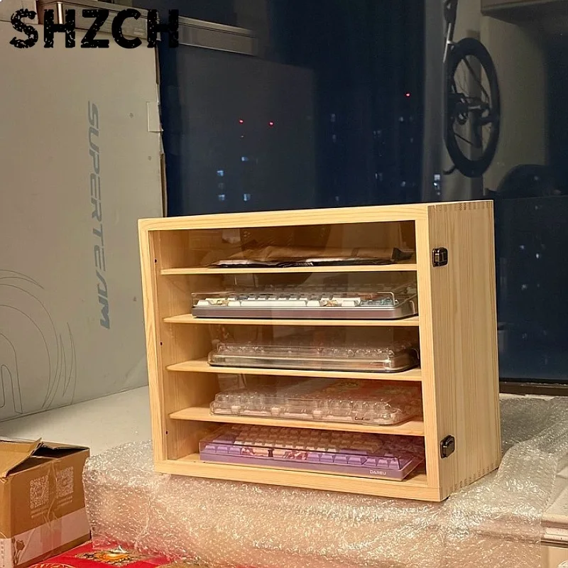 Solid Wood Display Shelf Mechanical Keyboard Dustproof Stand Large Capacity Desktop Storage Rack