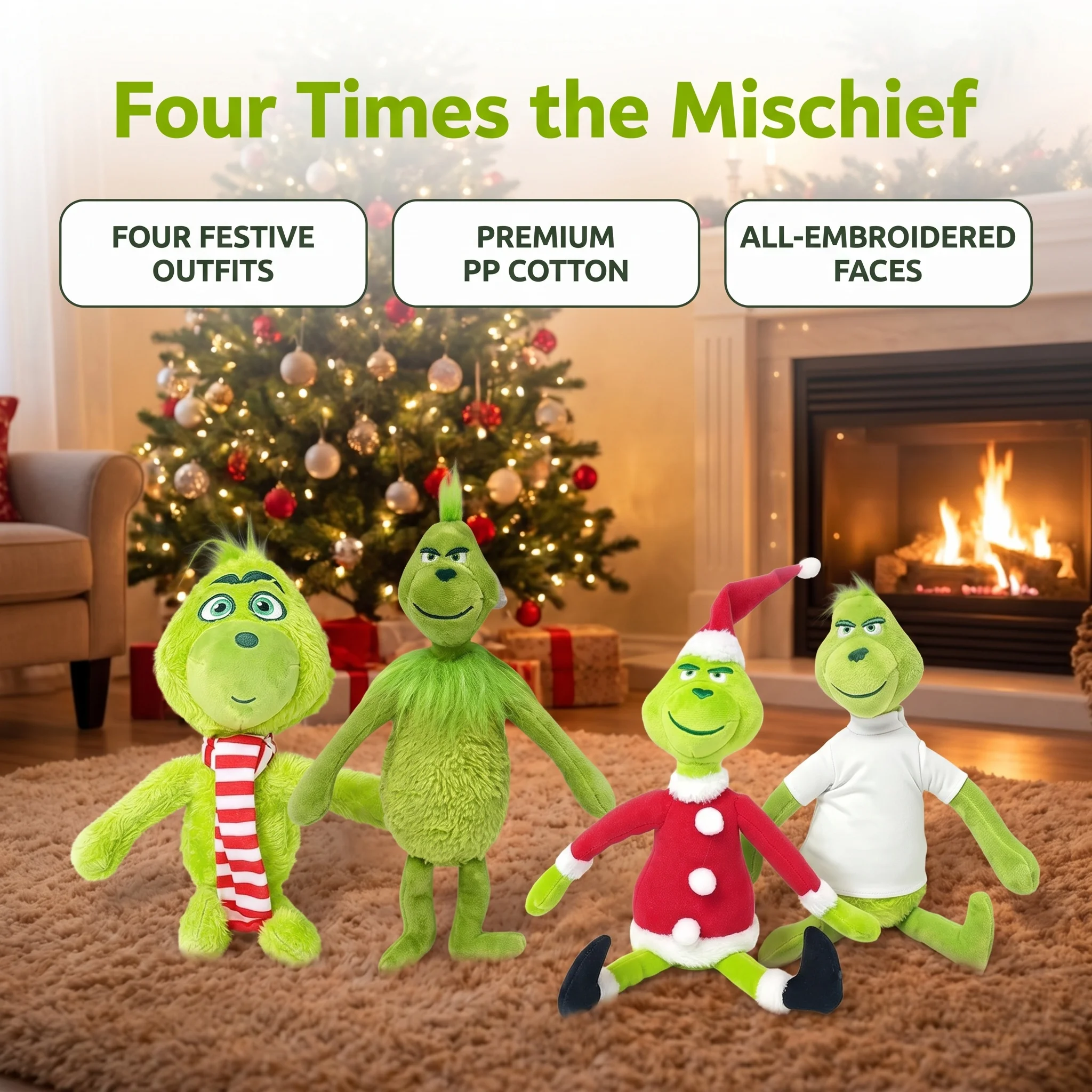 4 Styles Green Furry Humanoid Plush Toy, Soft Fluffy Stuffed Figure with Christmas Outfit & Scarf, Holiday Collectible Decor
