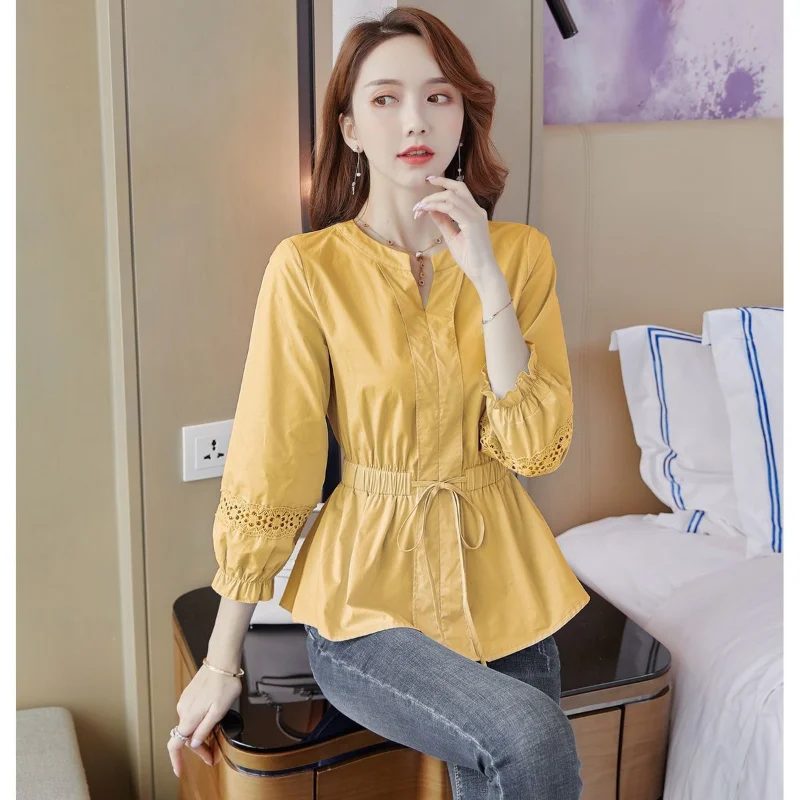 Spring New Drawstring Loose Hollow Out Blouse Solid Color Lacing Pleated All-match Shirt Tops Elegant Vintage Women Clothing