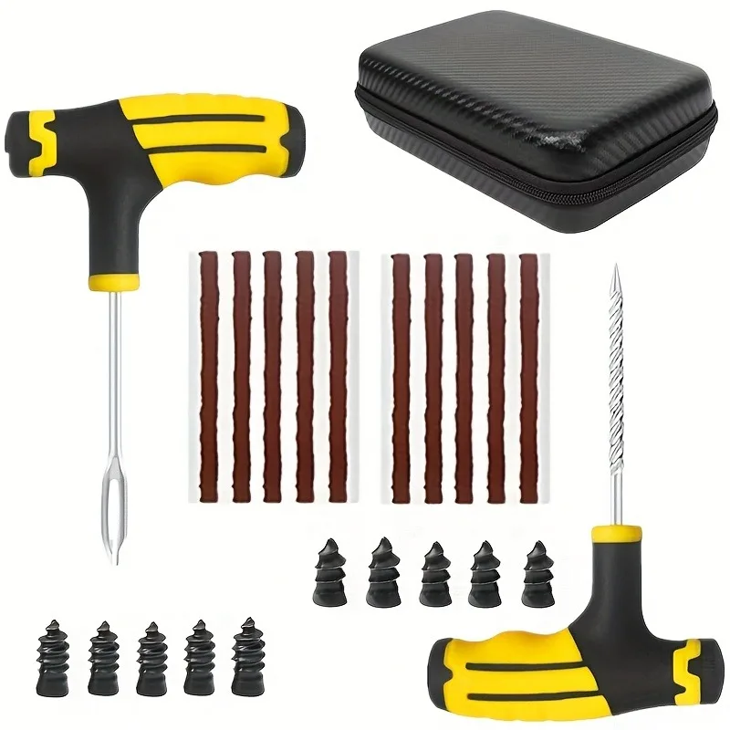 

Полный набор для ремонта автомобильных шин, включающий металлические инструменты для проколов, резиновые заглушки и клейкие полоски для быстрого и простого ремонта шин.