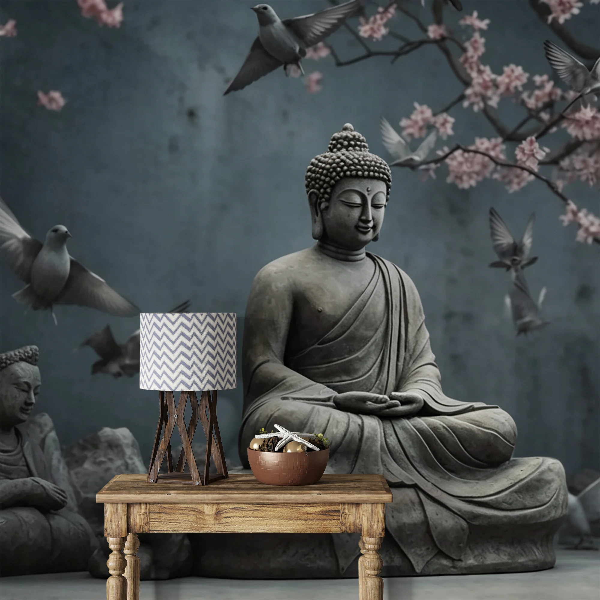 3D Buddha Statue Cherry Blossom Mural Wallpaper, Zen Meditation Wall Mural for Living Room Bedroom Decor
