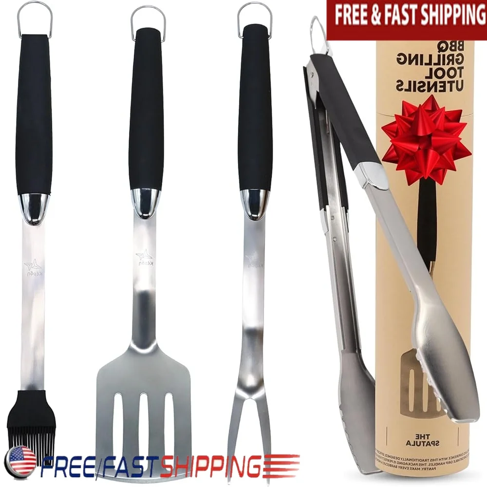 

Stainless Steel BBQ Tools Set Grilling Accessories Spatula Tongs Fork Brush with Hooks and Cleaning Cloth Ideal Outdoor Cooking