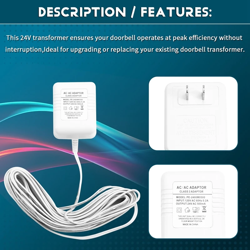Adaptador transformador de timbre de 24V para timbres de vídeo Rendimiento mejorado y fácil instalación ENCHUFE DE EE. UU.