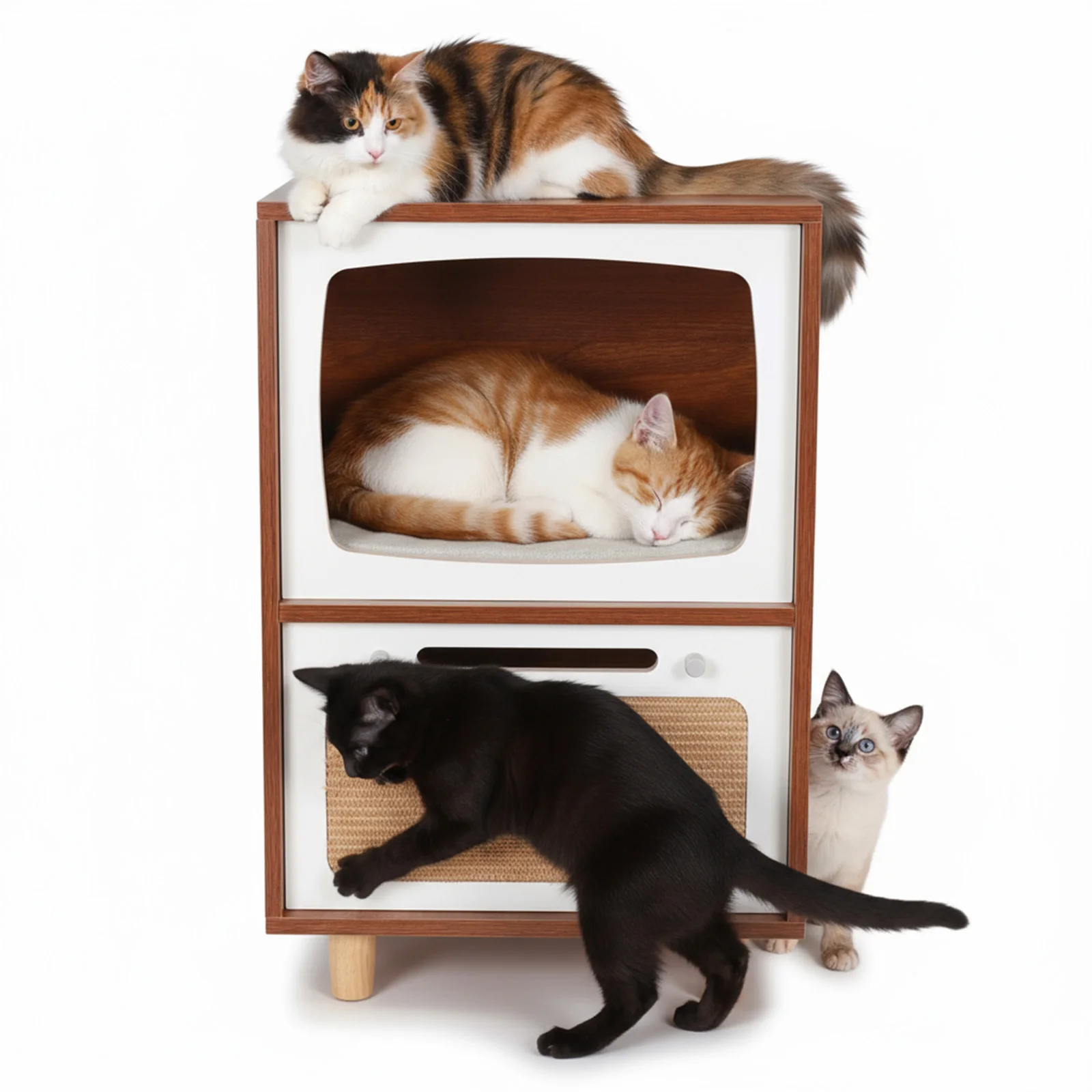 

Деревянный домик для кошек в ретро-стиле с когтеточкой, прикроватная лежанка-столик, дышащая кровать для кошек, игровая площадка, маленькое гнездышко для питомцев
