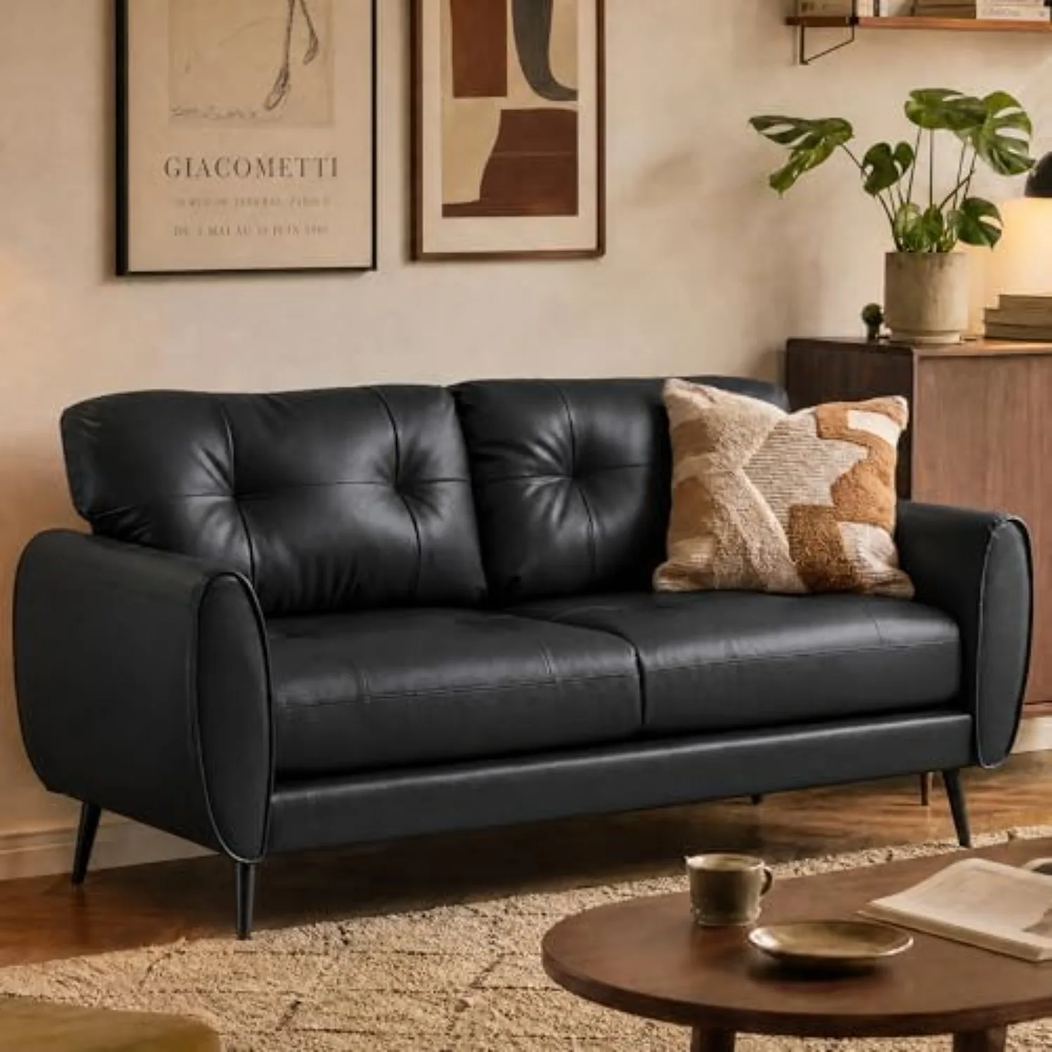 61'' Black Faux Leather Loveseat, Small Tufted Couch for Living Room | Mini Sofa, Love Seat, Comfy 2-Seat Settee with