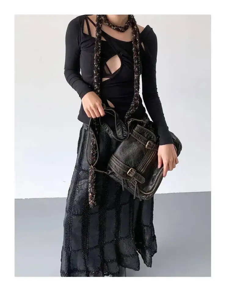 Bloom Vintage Y2k Grunge Messenger Women Retro Leather Soft Chic Black Handbag Female Casual Crossbody Square Bag Bolsa