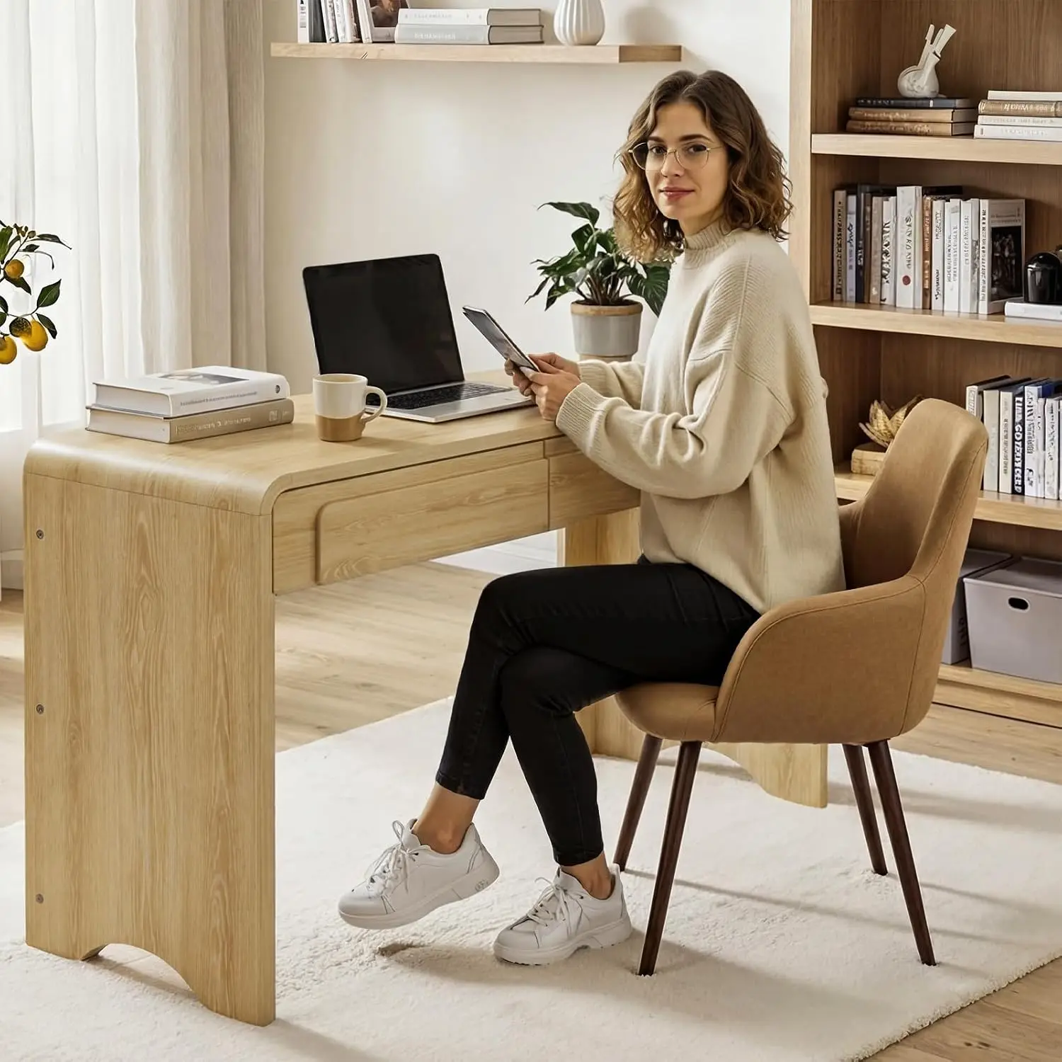 47" Computer Desk with 2 Drawers, Modern Wood Writing Desks, Oak