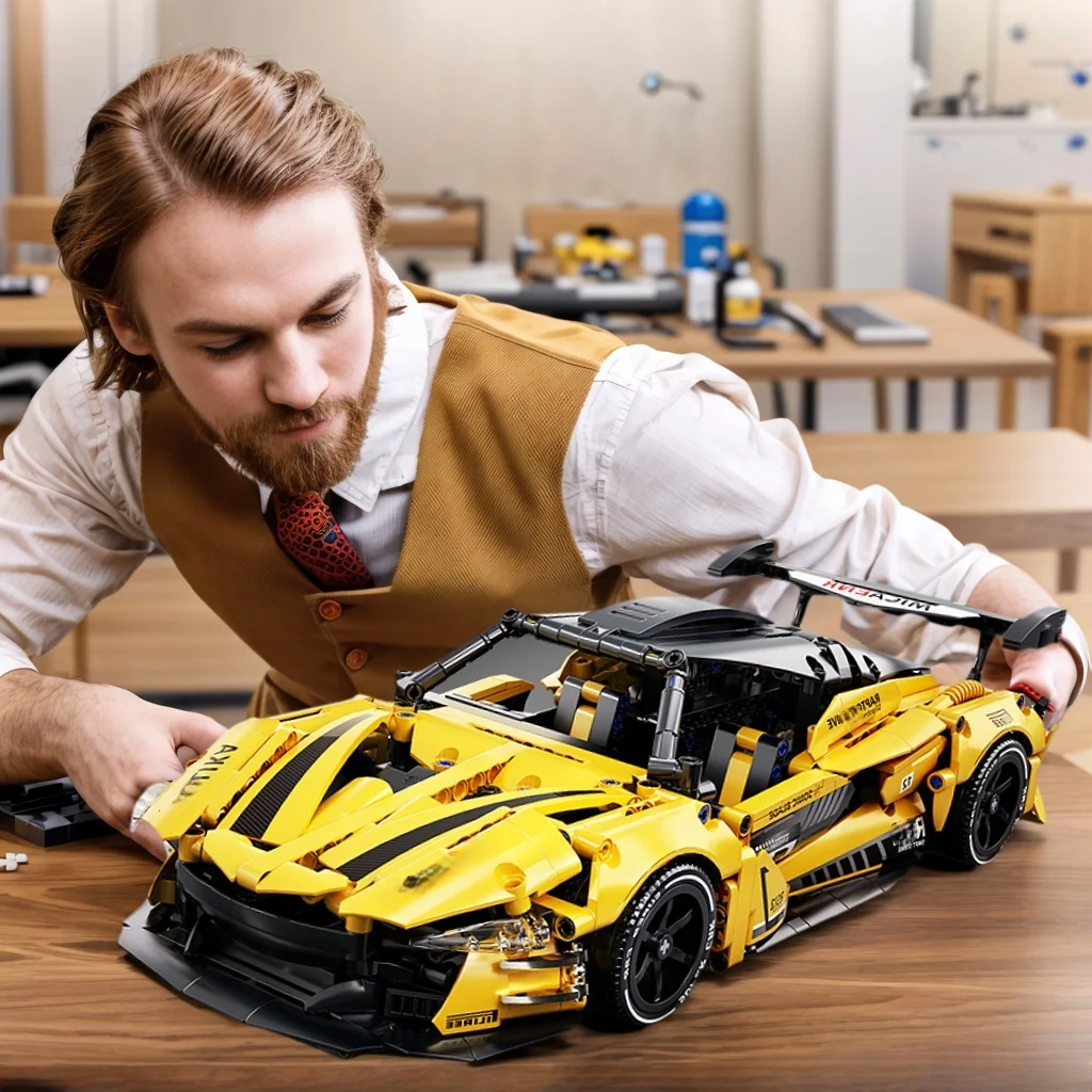 

Более 1000 деталей желтой сборной модели автомобиля GTR, набор игрушек, серия моделей автомобилей, подарок, строительные блоки из АБС-пластика.