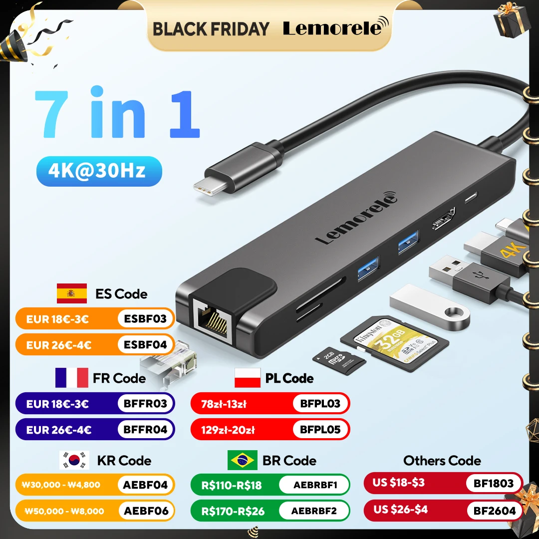 

Lemorele TC25 7-в-1 порты USB 3.0 Концентратор типа C до 4k HDMI USB 2.0 быстрая передача PD 100 Вт зарядное устройство Док-станция для ноутбука ASUS