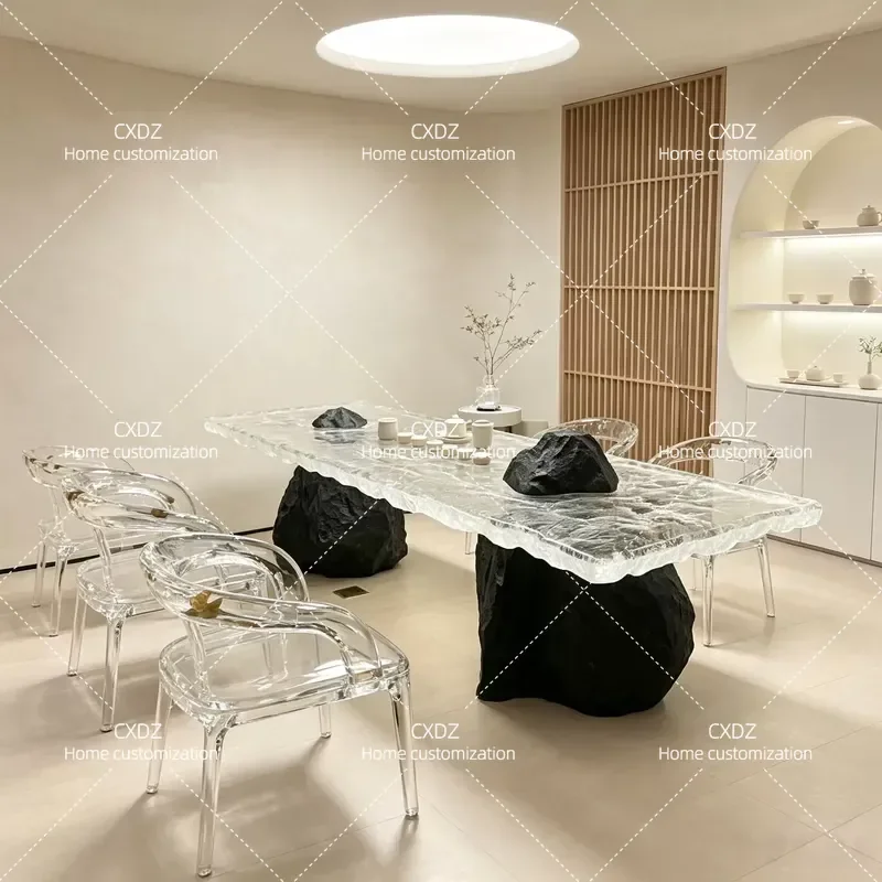 Luxury Transparent Ice Pattern Resin Tea Table Double Peak Base for Office Villa Guest Room Artistic Coffee Table